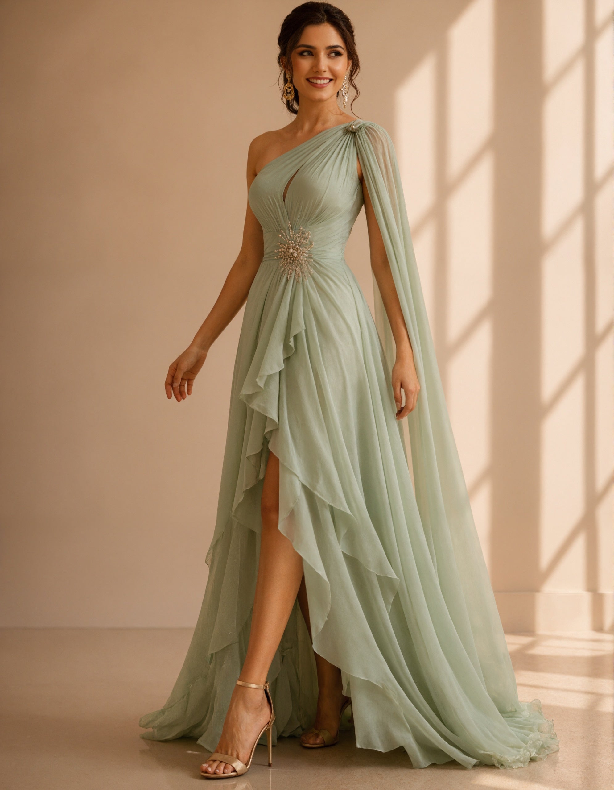 Vestido longo verde-sálvia de chiffon com um ombro e manga capa drapeada  