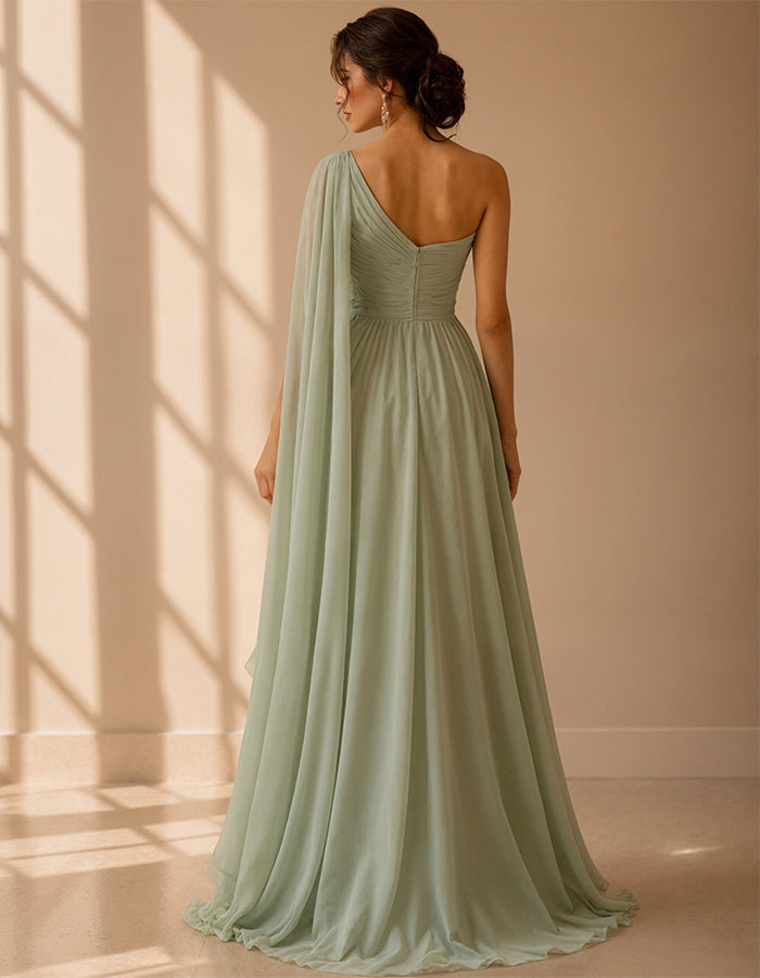 Vestido longo verde-sálvia de chiffon com um ombro e manga capa drapeada  
