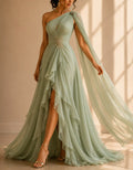 Sage Green Chiffon One Shoulder Draped Cape Sleeve Maxi Dress