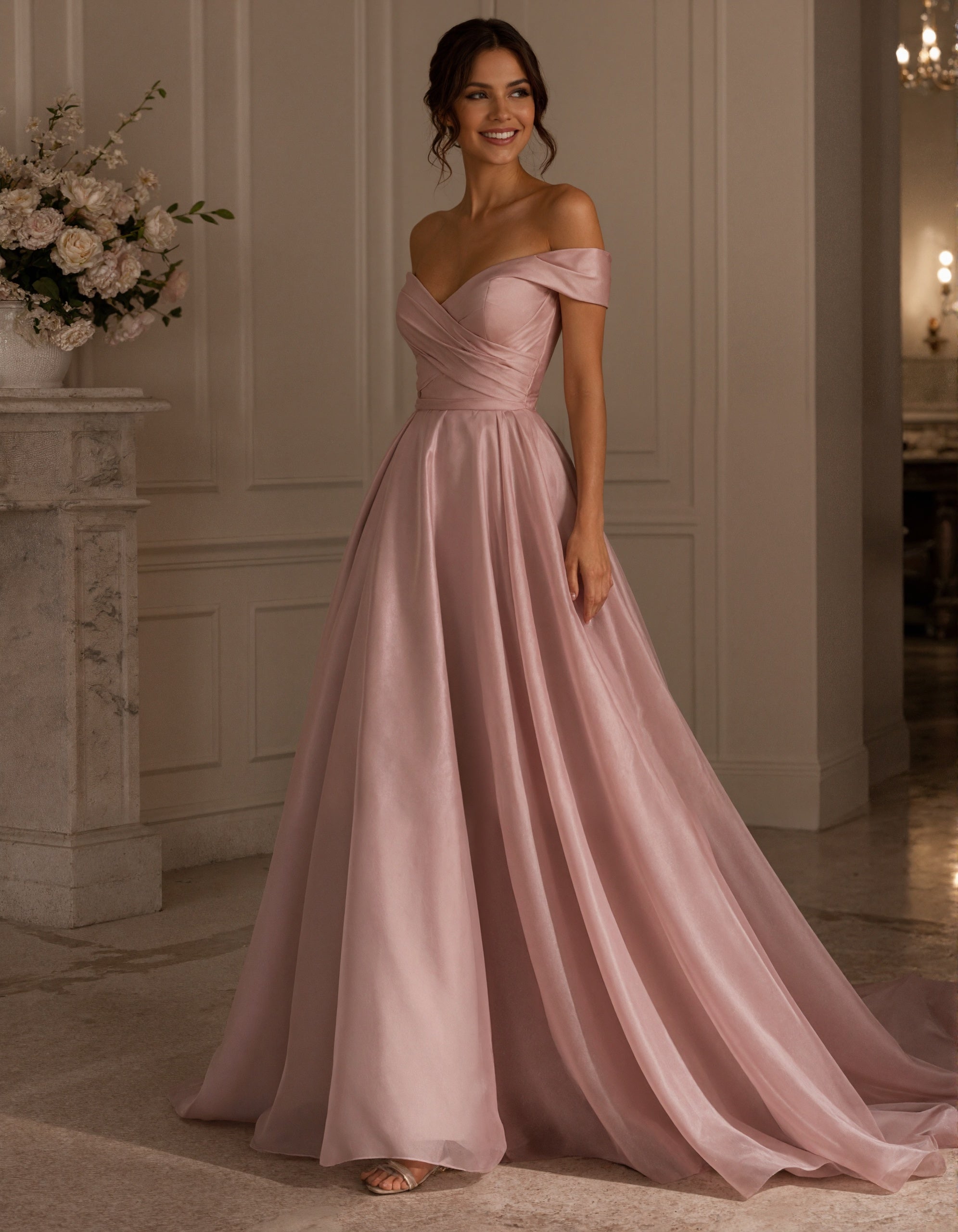Robe longue rose à épaules dénudées  