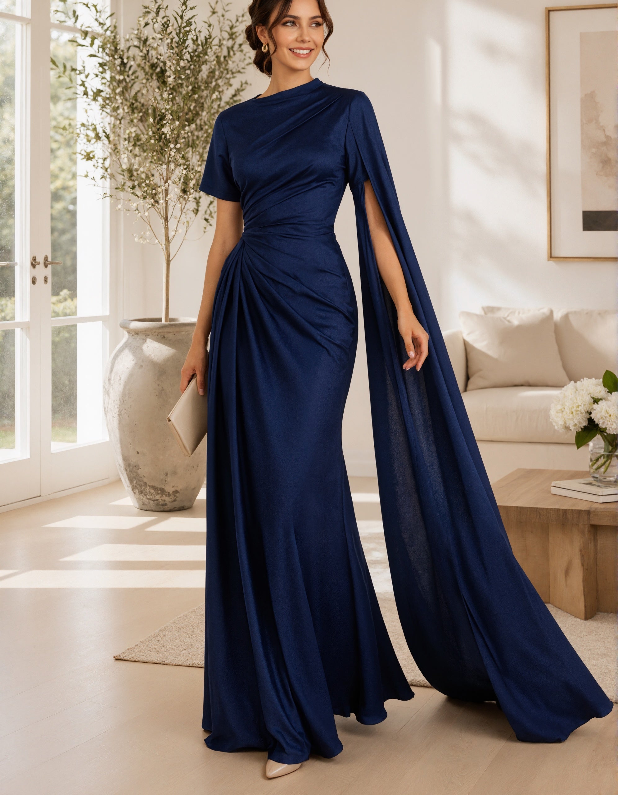 Vestido longo estilo capa de cetim azul-marinho com mangas curtas  