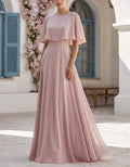 Light Pink Chiffon Short Sleeve Cape Top With A Round Neck Maxi Dress