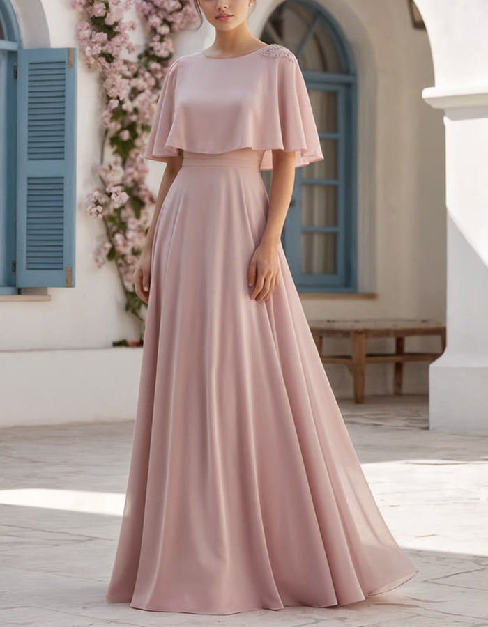 Light Pink Chiffon Short Sleeve Cape Top With A Round Neck Maxi Dress