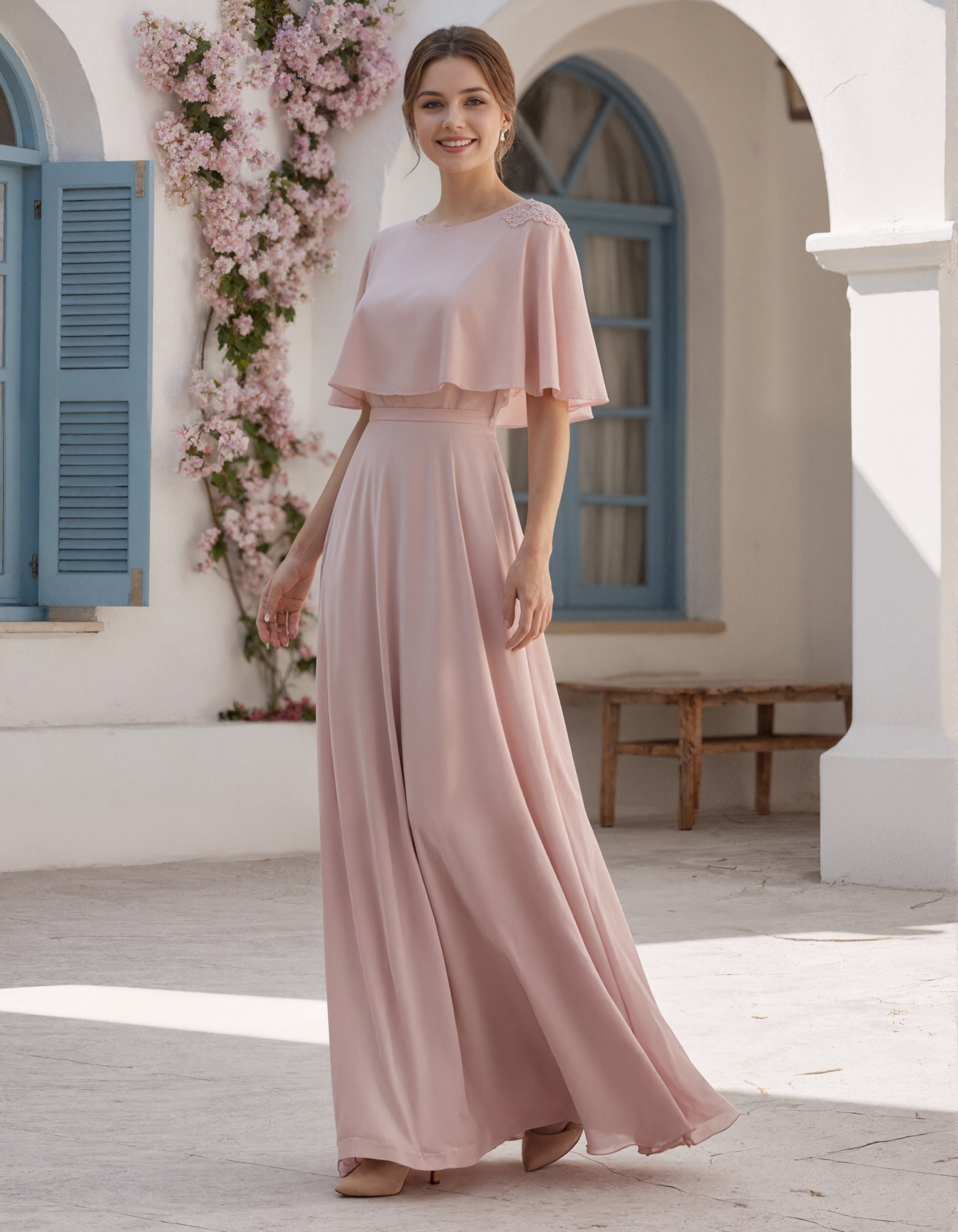 Robe maxi rose clair en mousseline avec cape à manches courtes et col rond