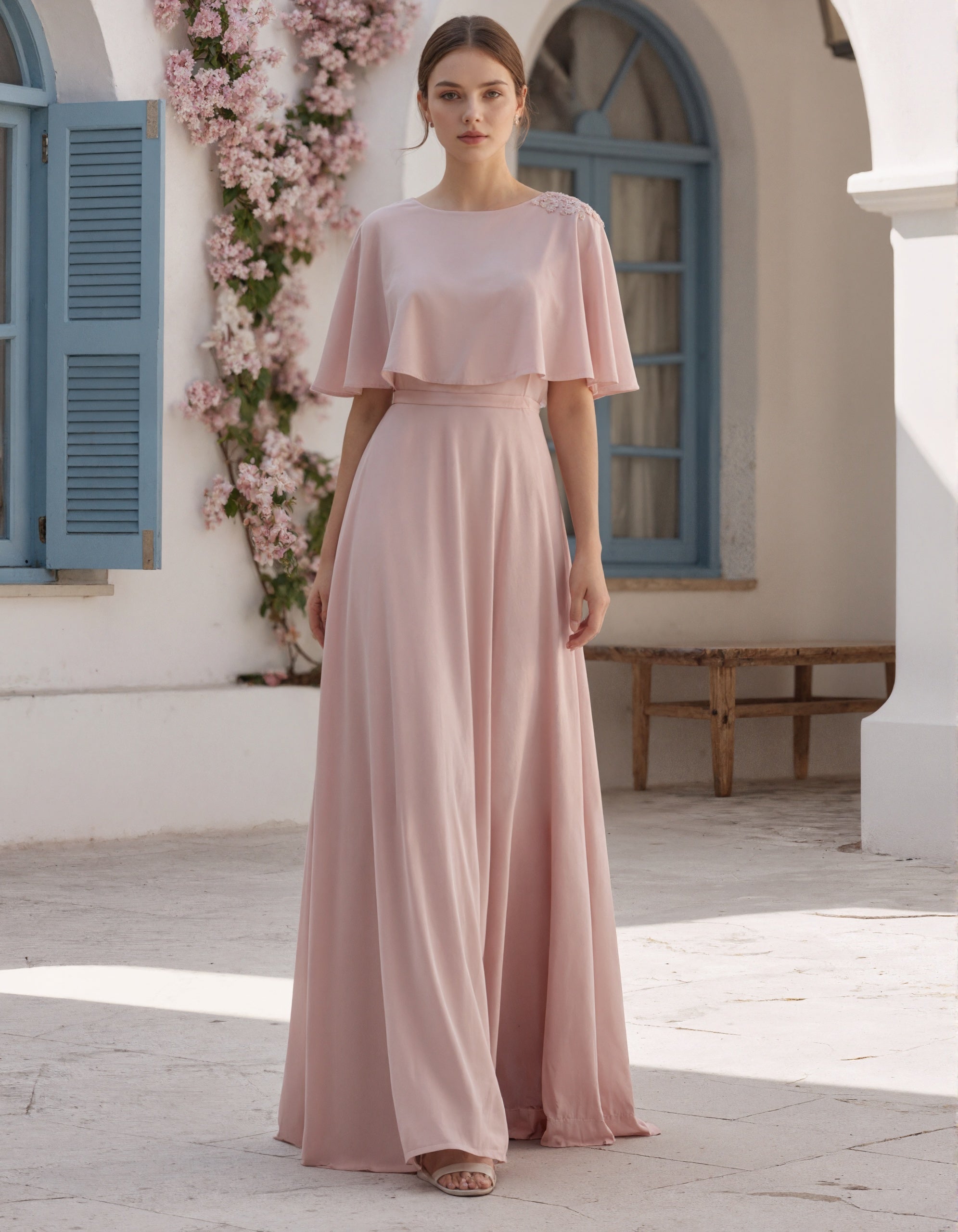 Robe maxi rose clair en mousseline avec cape à manches courtes et col rond