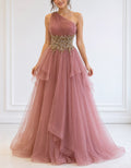 Pink Sheer Tulle One Shoulder Asymmetrical Tiered Ruffles Maxi Dress