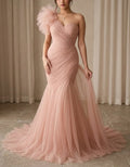 Pale Pink Tulle One Shoulder 3D Floral Design Maxi Dress