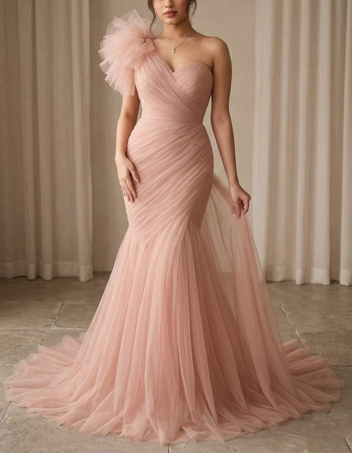 Pale Pink Tulle One Shoulder 3D Floral Design Maxi Dress