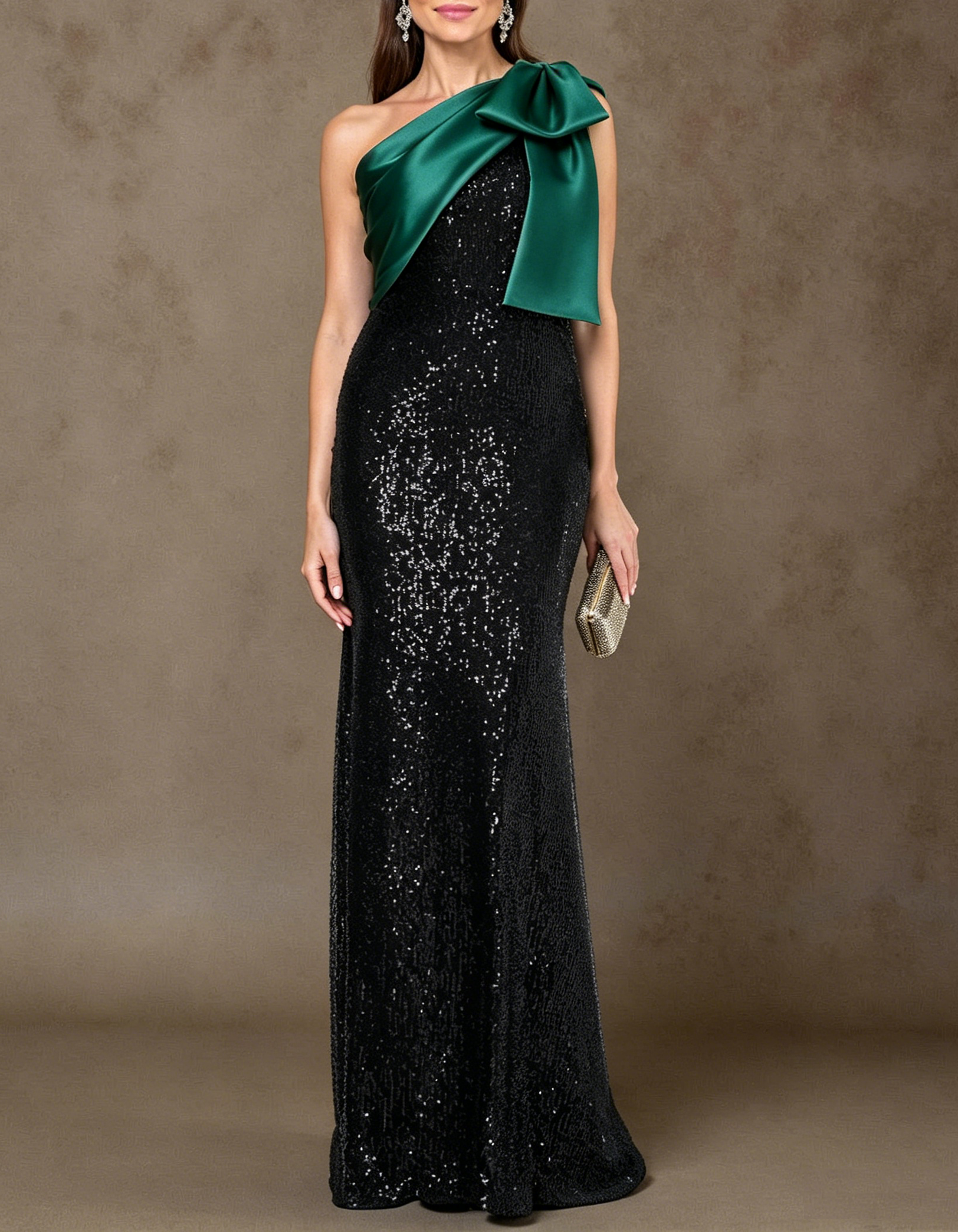Satin Bow One Shoulder Sequin Mermaid Maxi Dress