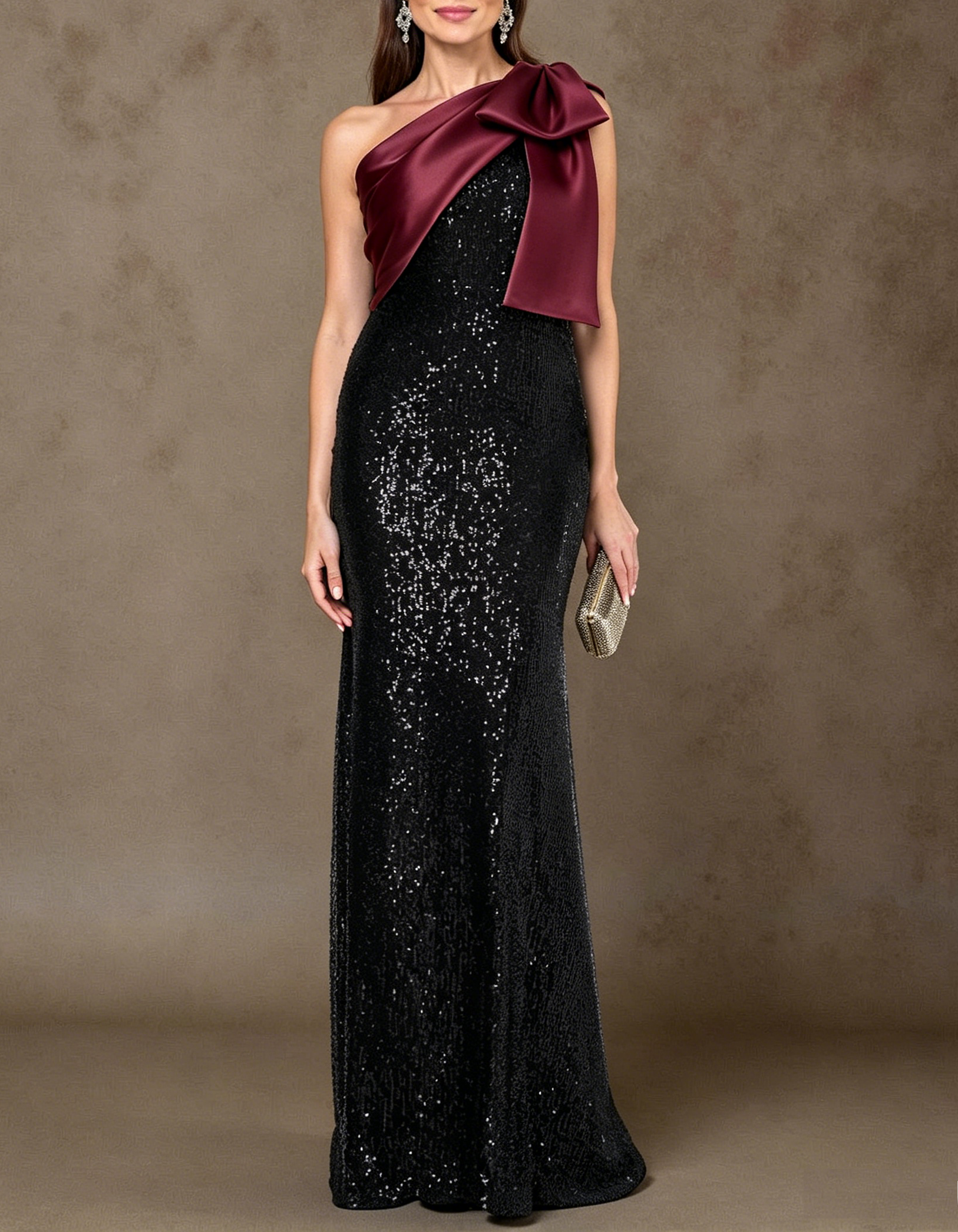 Satin Bow One Shoulder Sequin Mermaid Maxi Dress