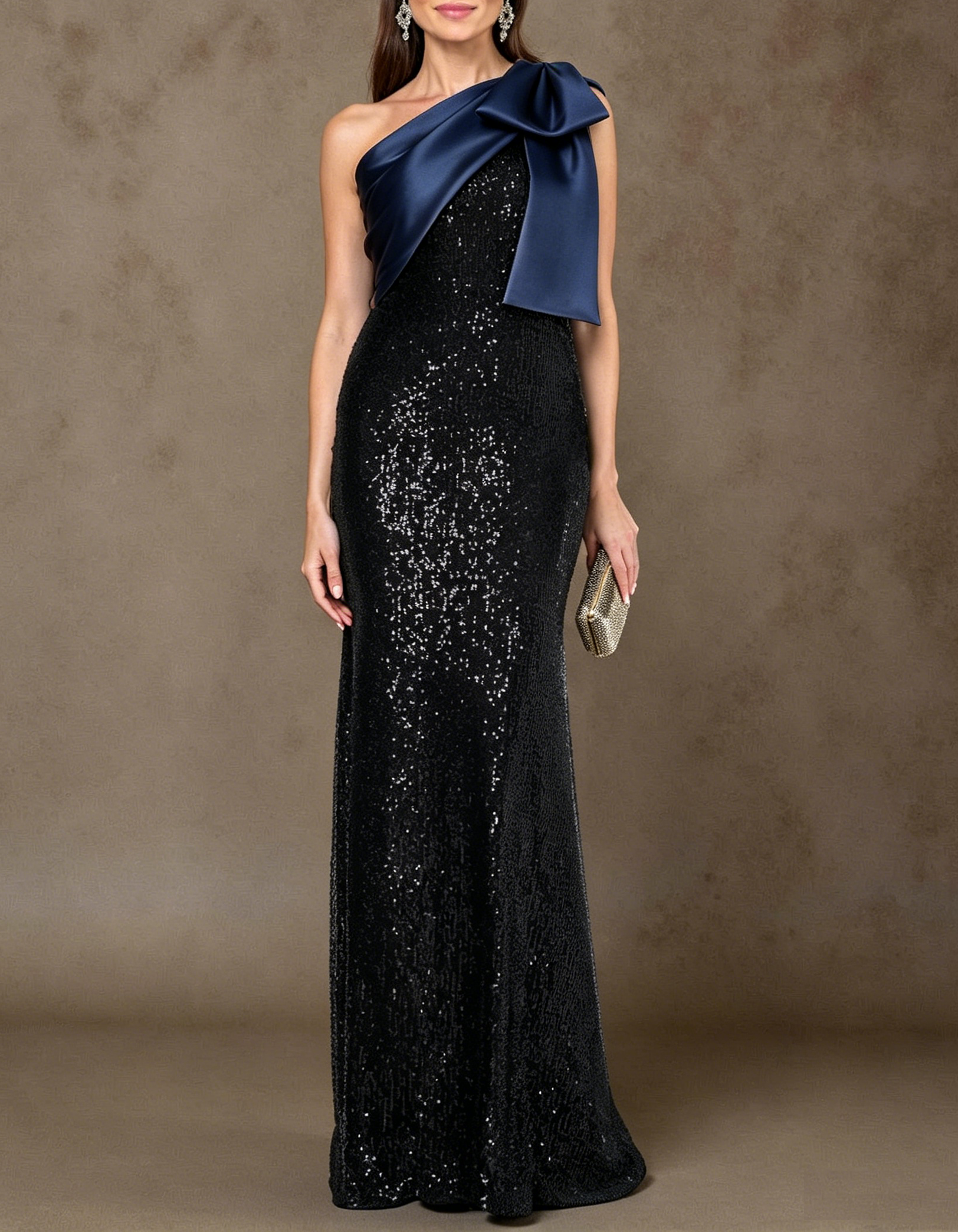 Satin Bow One Shoulder Sequin Mermaid Maxi Dress