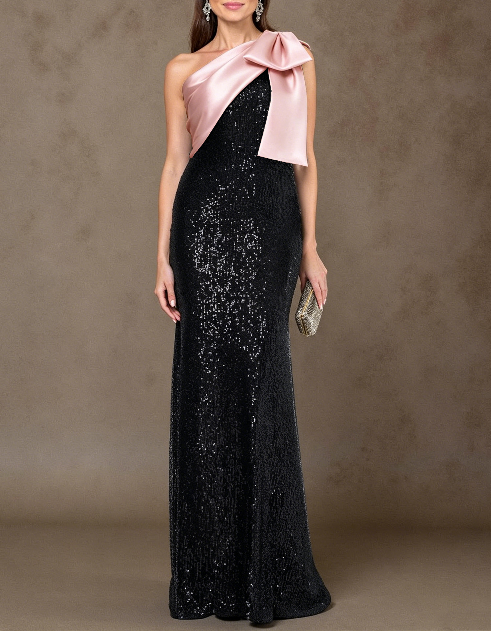 Satin Bow One Shoulder Sequin Mermaid Maxi Dress