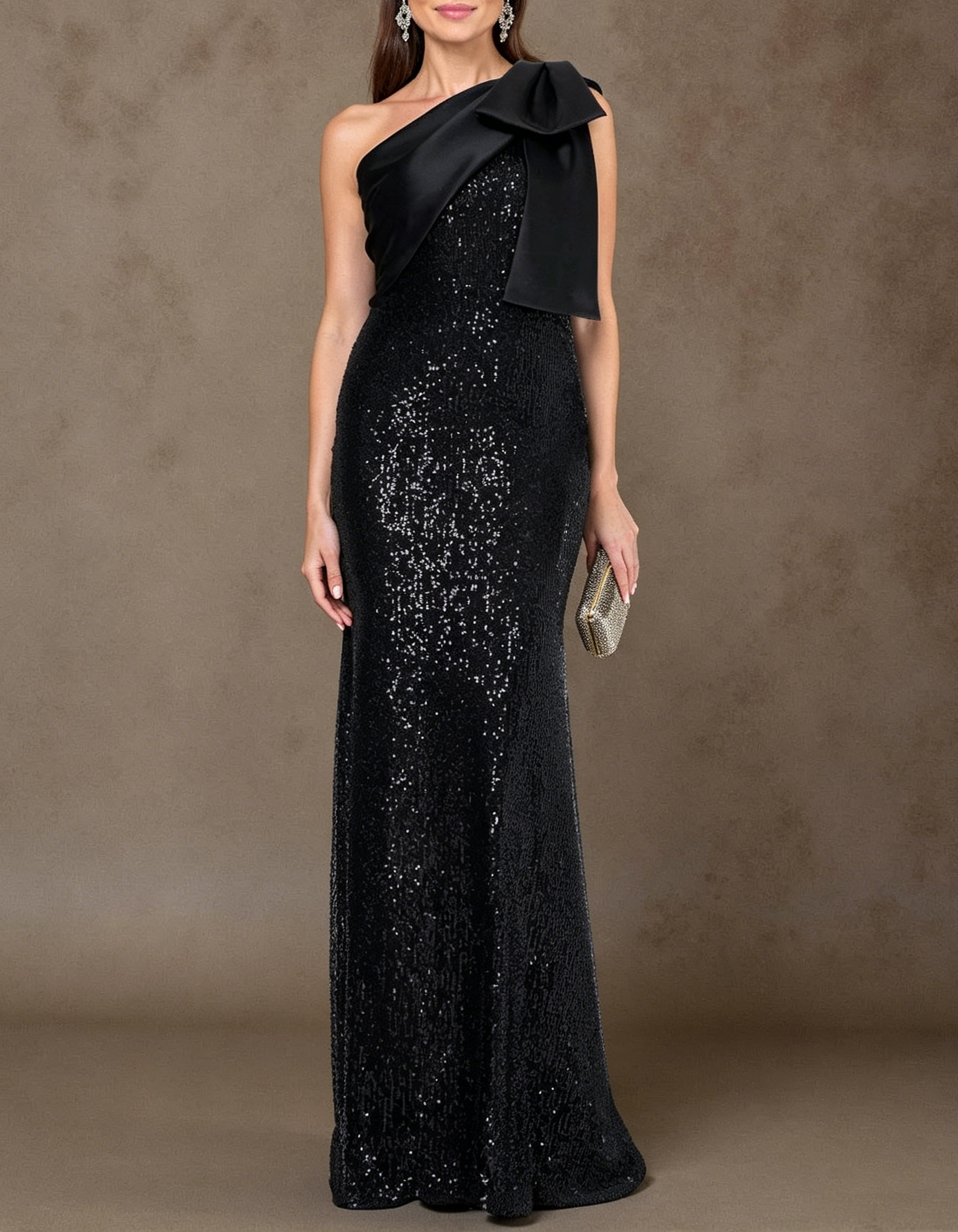 Satin Bow One Shoulder Sequin Mermaid Maxi Dress