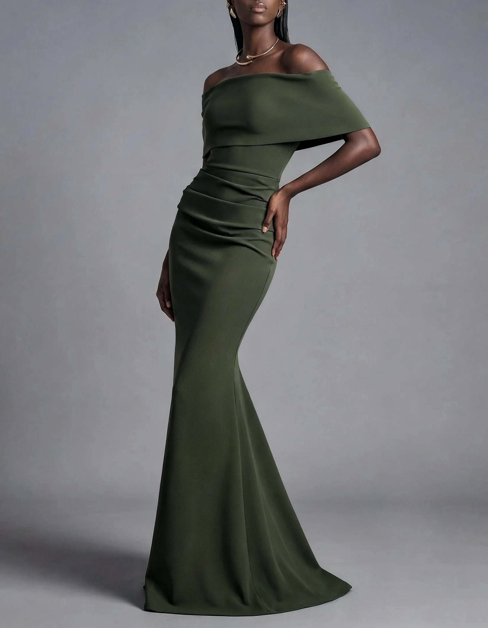 Off-The-Shoulder Flounce Crepe Mermaid Train Maxi Formal Dress