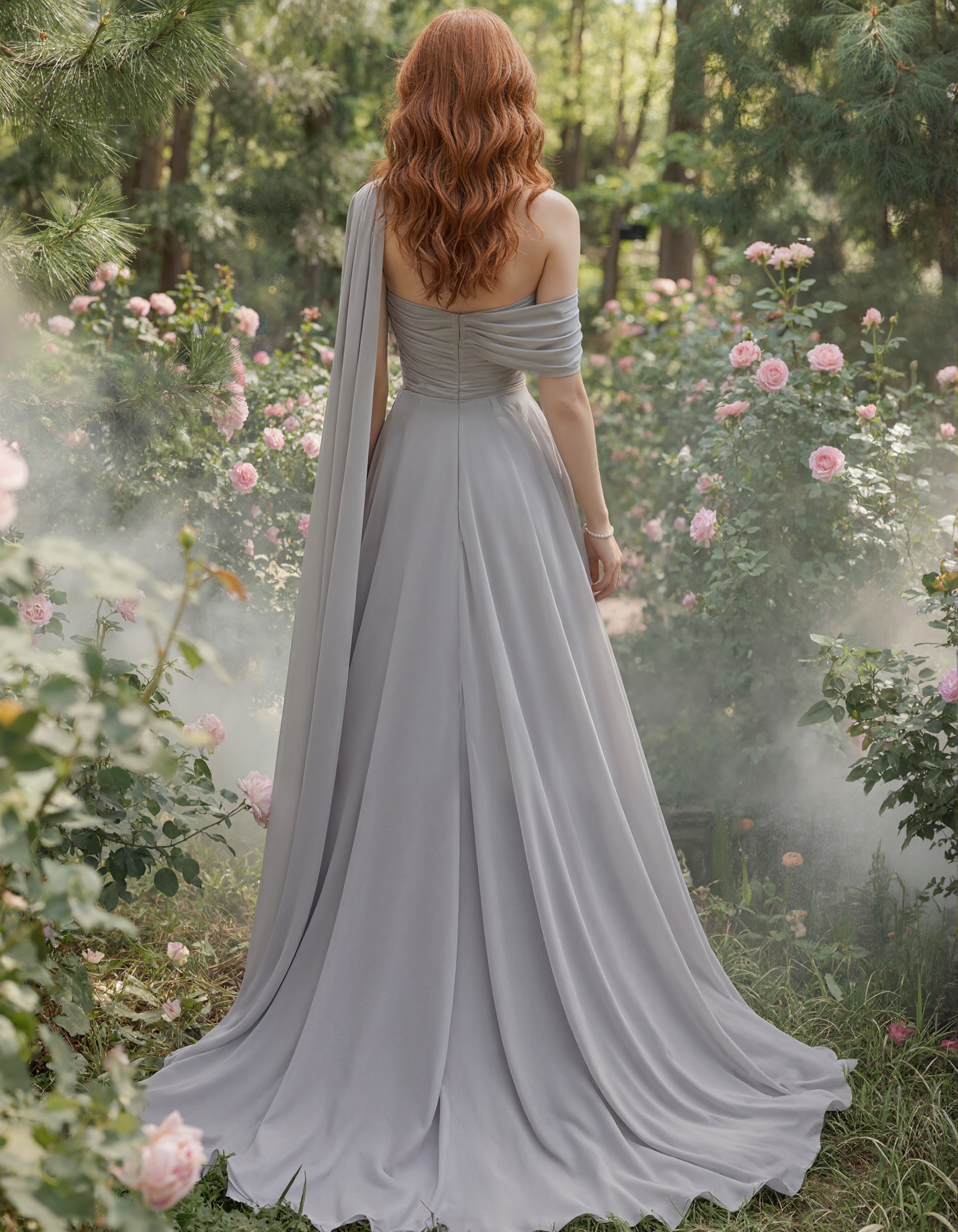 Twisted One Shoulder Cape Draped Chiffon Slit Train Maxi Dress