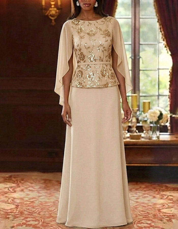 Champagne Cape Sleeve Gold Floral Sequin Peplum Chiffon Maxi Dress