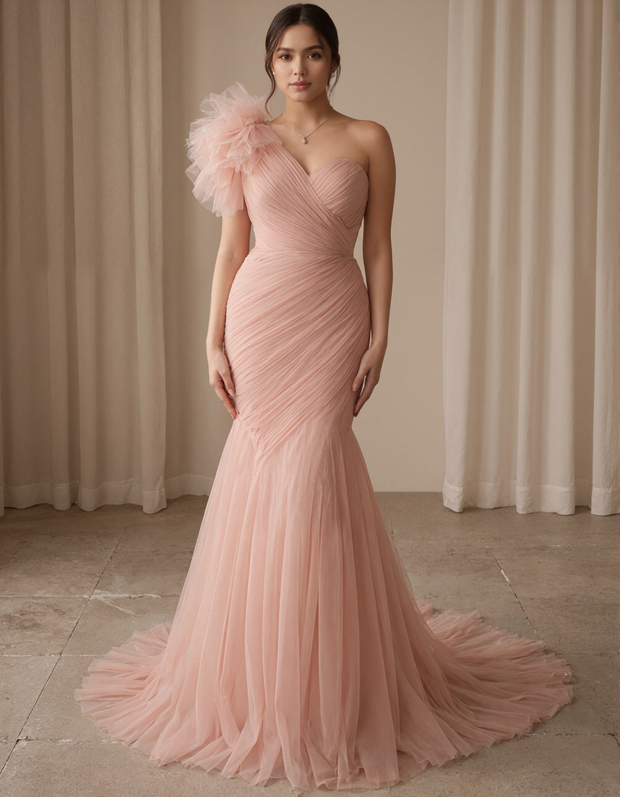 Robe maxi rose pâle en tulle à une épaule avec design floral 3D