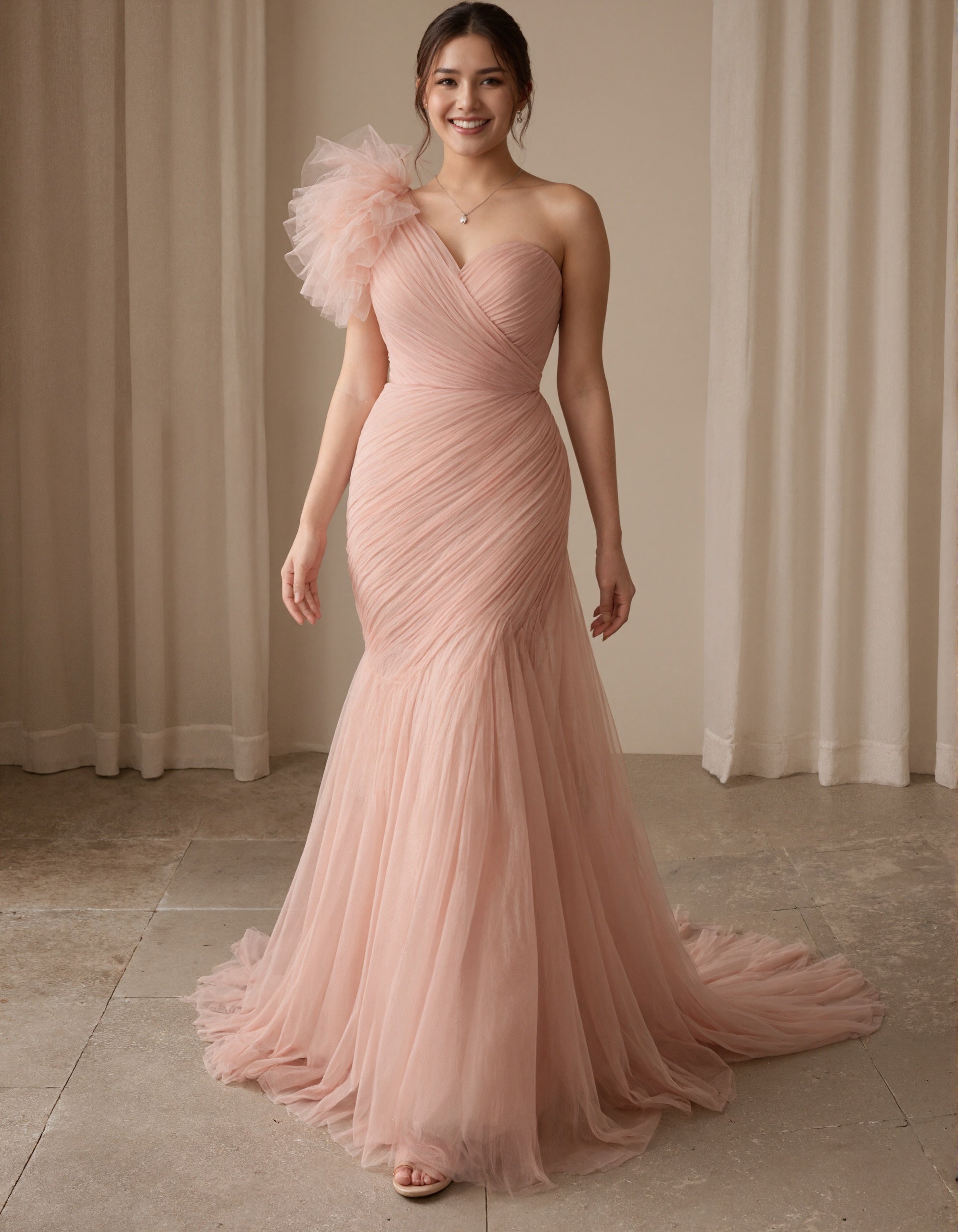 Robe maxi rose pâle en tulle à une épaule avec design floral 3D