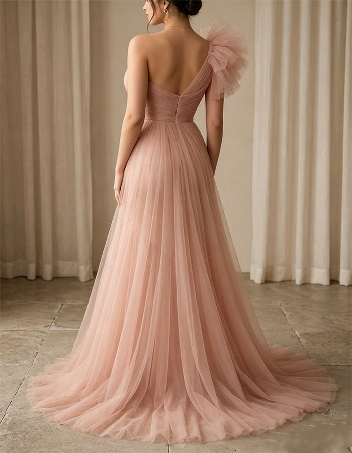Robe maxi rose pâle en tulle à une épaule avec design floral 3D