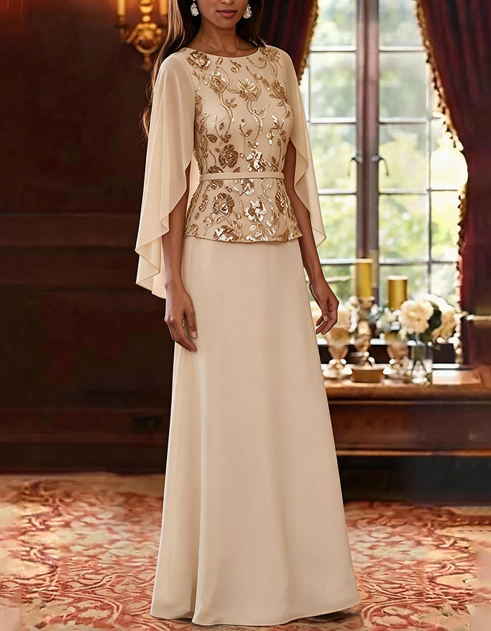 Vestido maxi de gasa con peplum, lentejuelas doradas con flores y mangas capa estilo champán