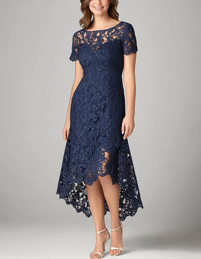Navy Blue Bateau Short Sleeve All-Over Floral Lace High-Low Midi Dress