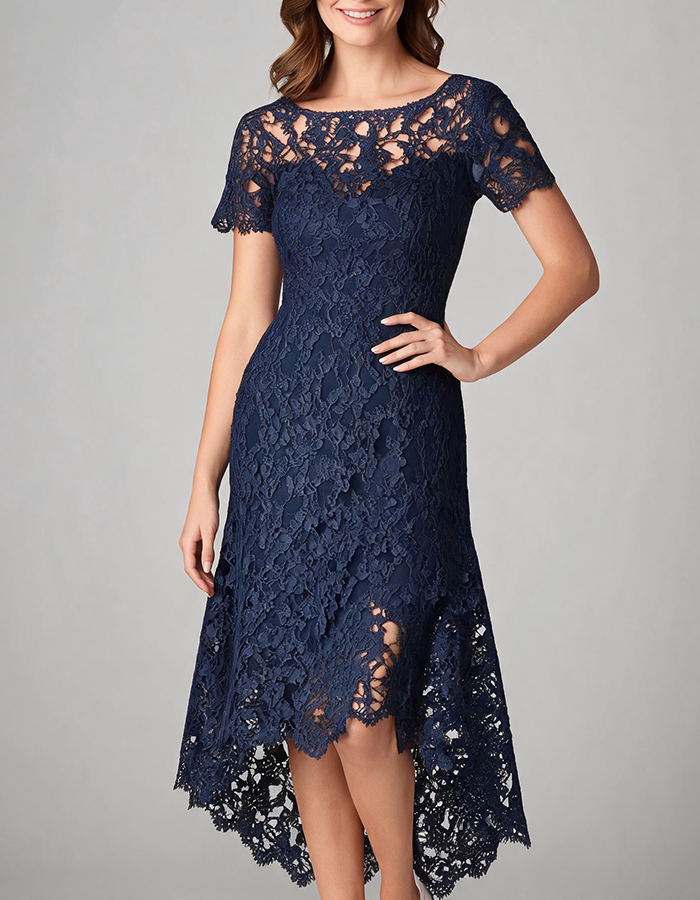 Abito midi blu navy con scollo a barca, maniche corte, pizzo floreale su tutta la superficie e orlo asimmetrico.