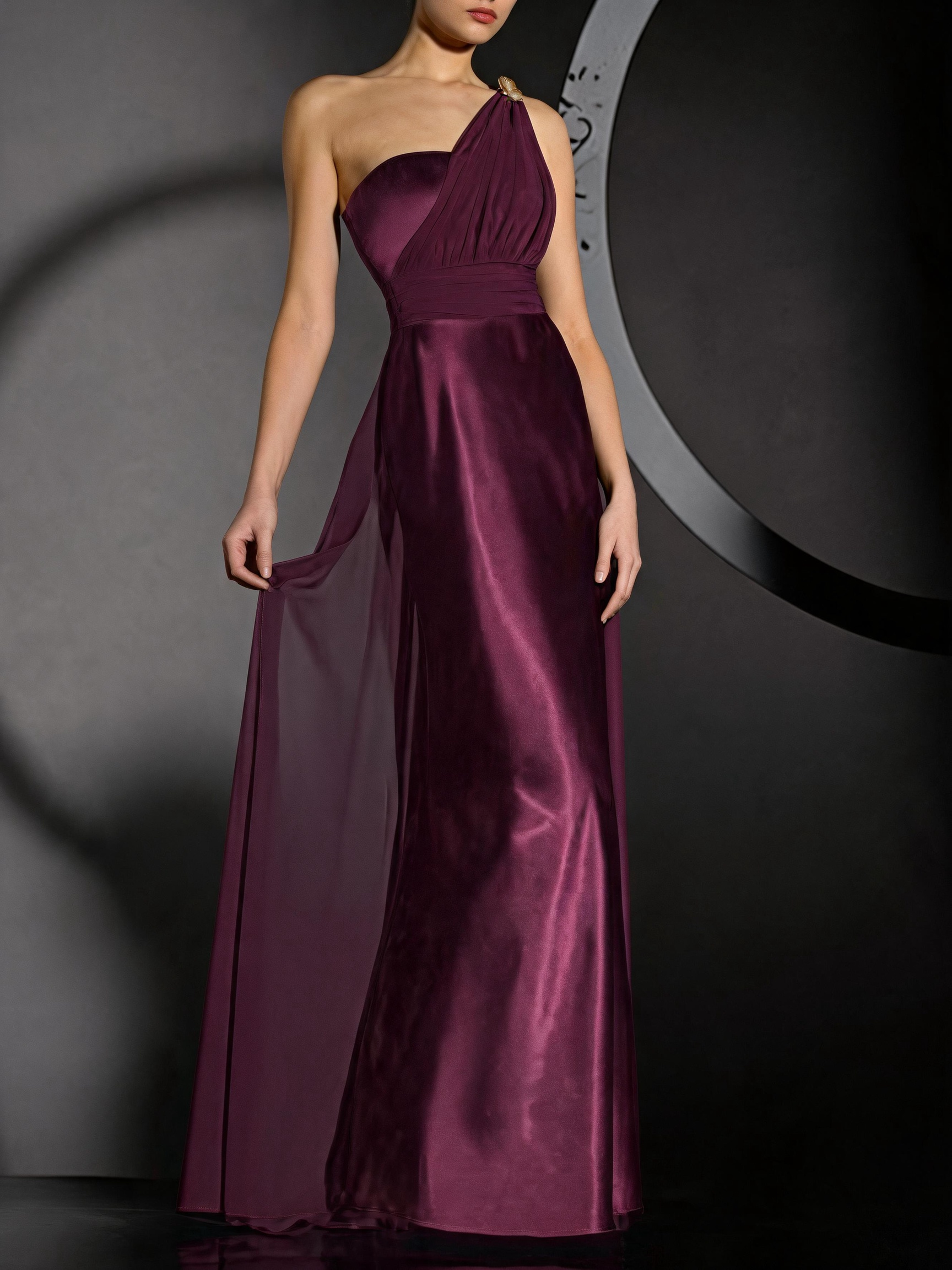 Plum One-Shoulder Ruched Satin & Chiffon Maxi Dress