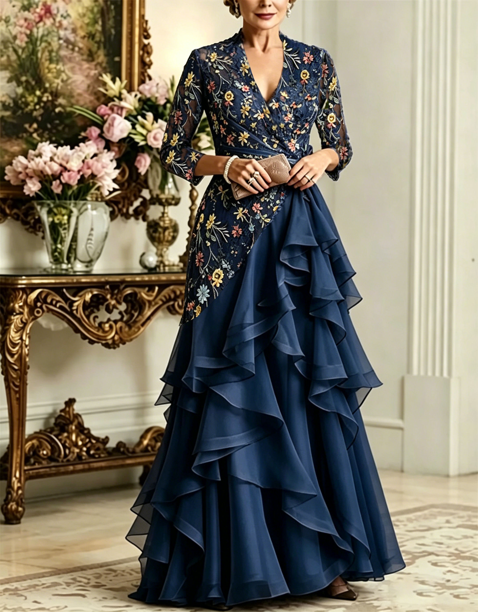 Dark Navy Floral Embroidery Lace Tiered Organza Ruffle Maxi Dress