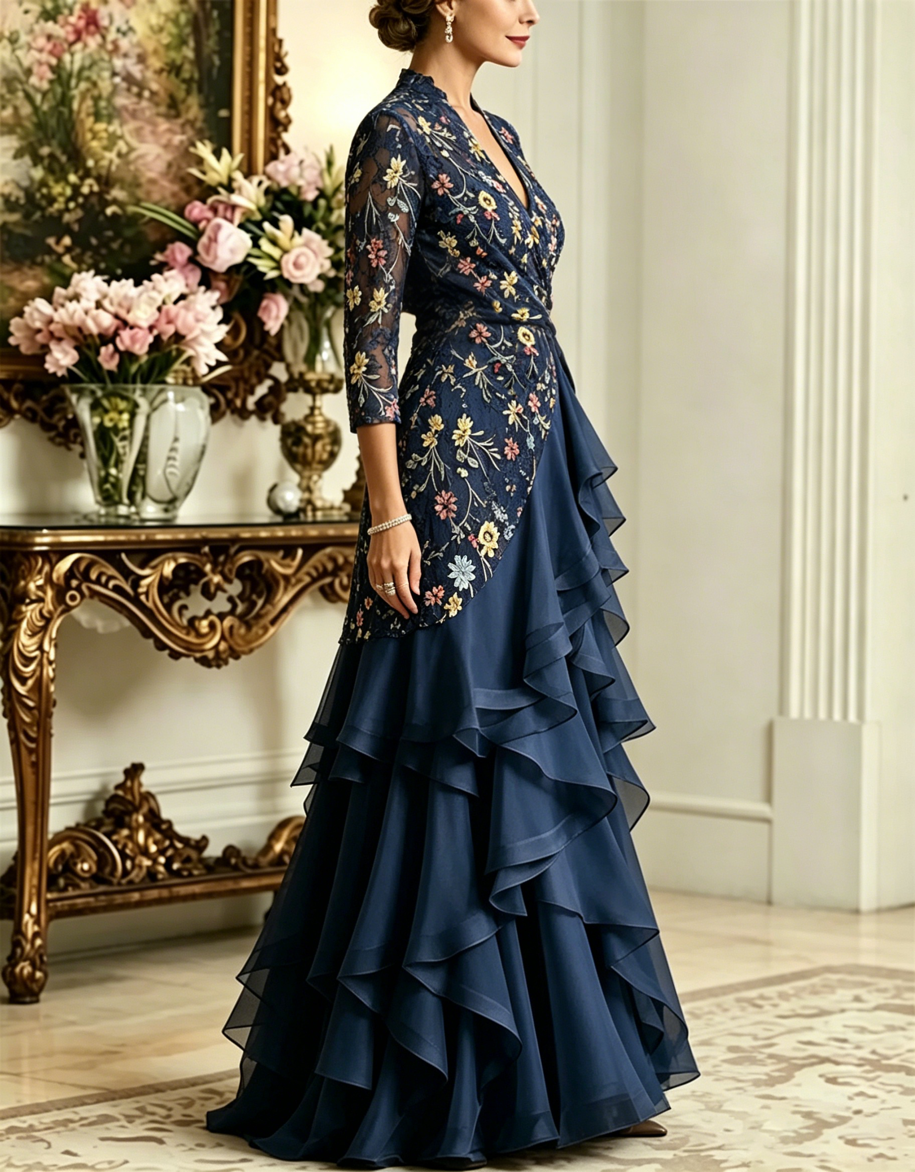 Robe longue en organza bleu marine foncé avec broderies florales, dentelle et volants en étages