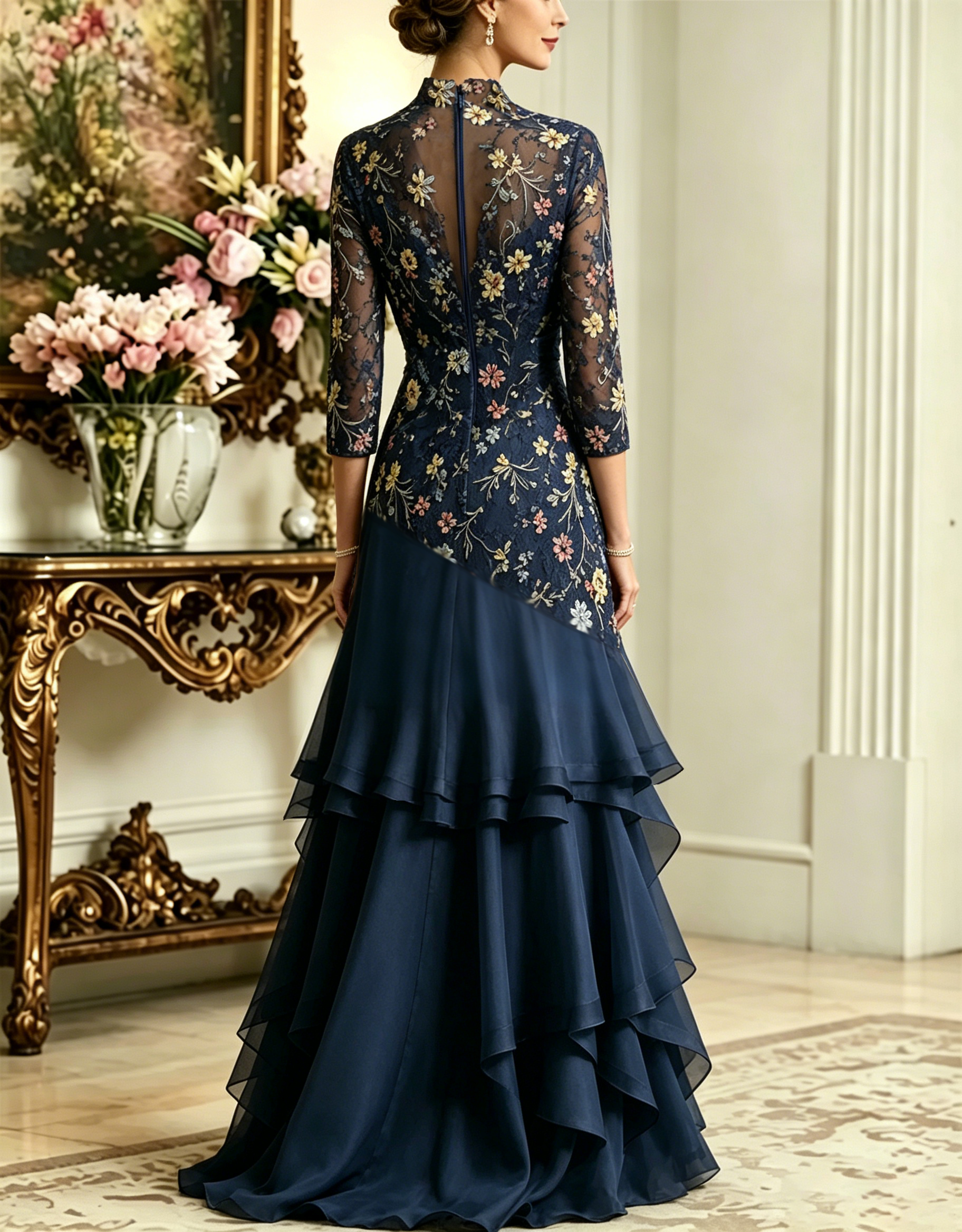 Dunkelmarineblaues Maxikleid mit Blumenstickerei, Spitze, gestufter Organza und Rüschen