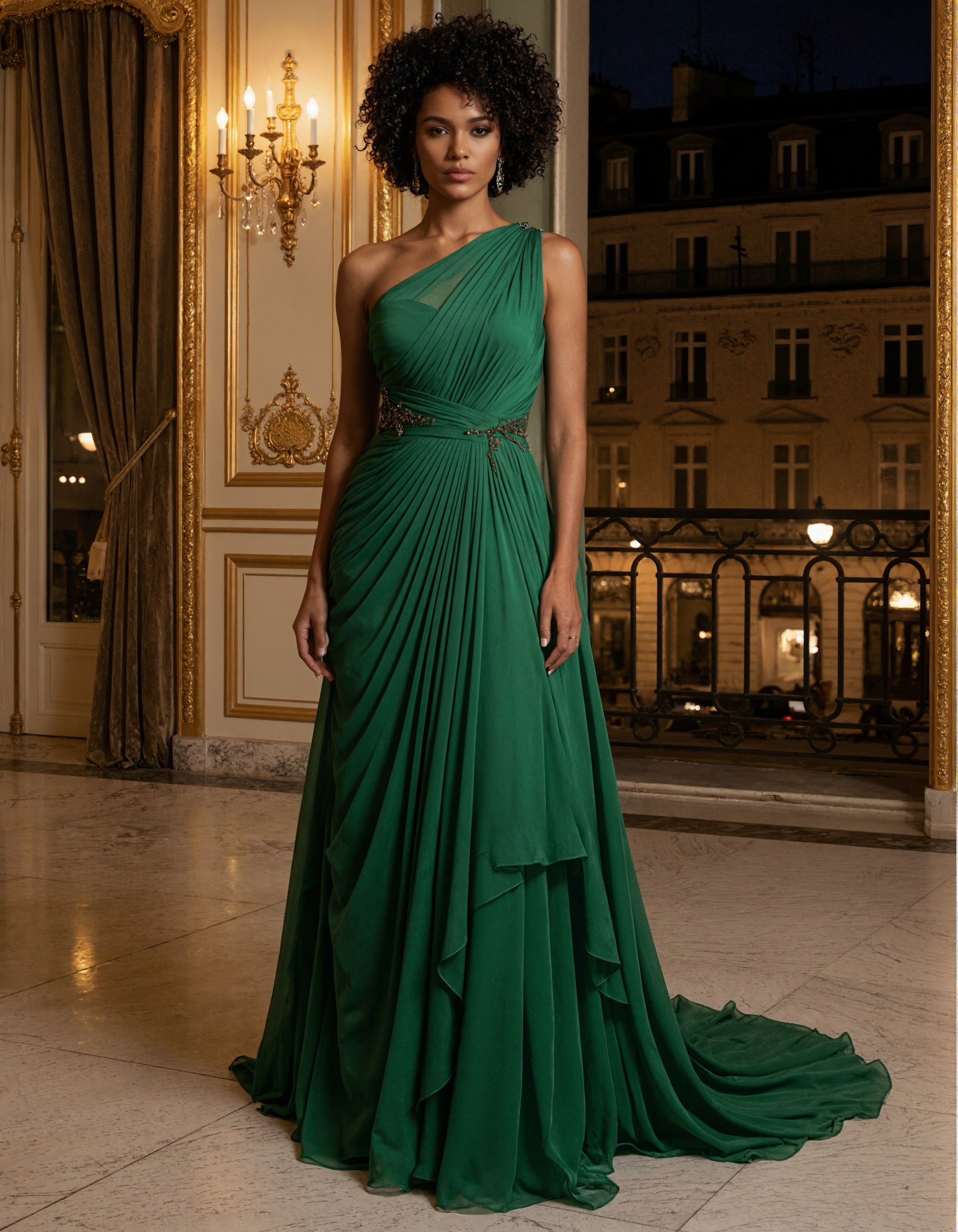 Robe longue en mousseline verte à une épaule avec plis croisés  