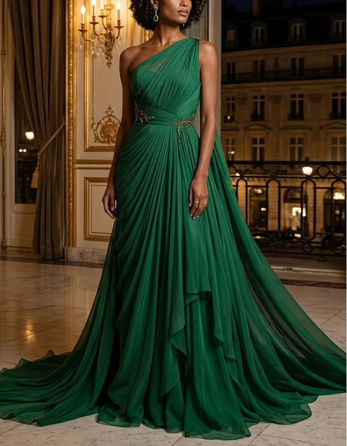 Green Chiffon One Shoulder Cross Pleats Maxi Dress