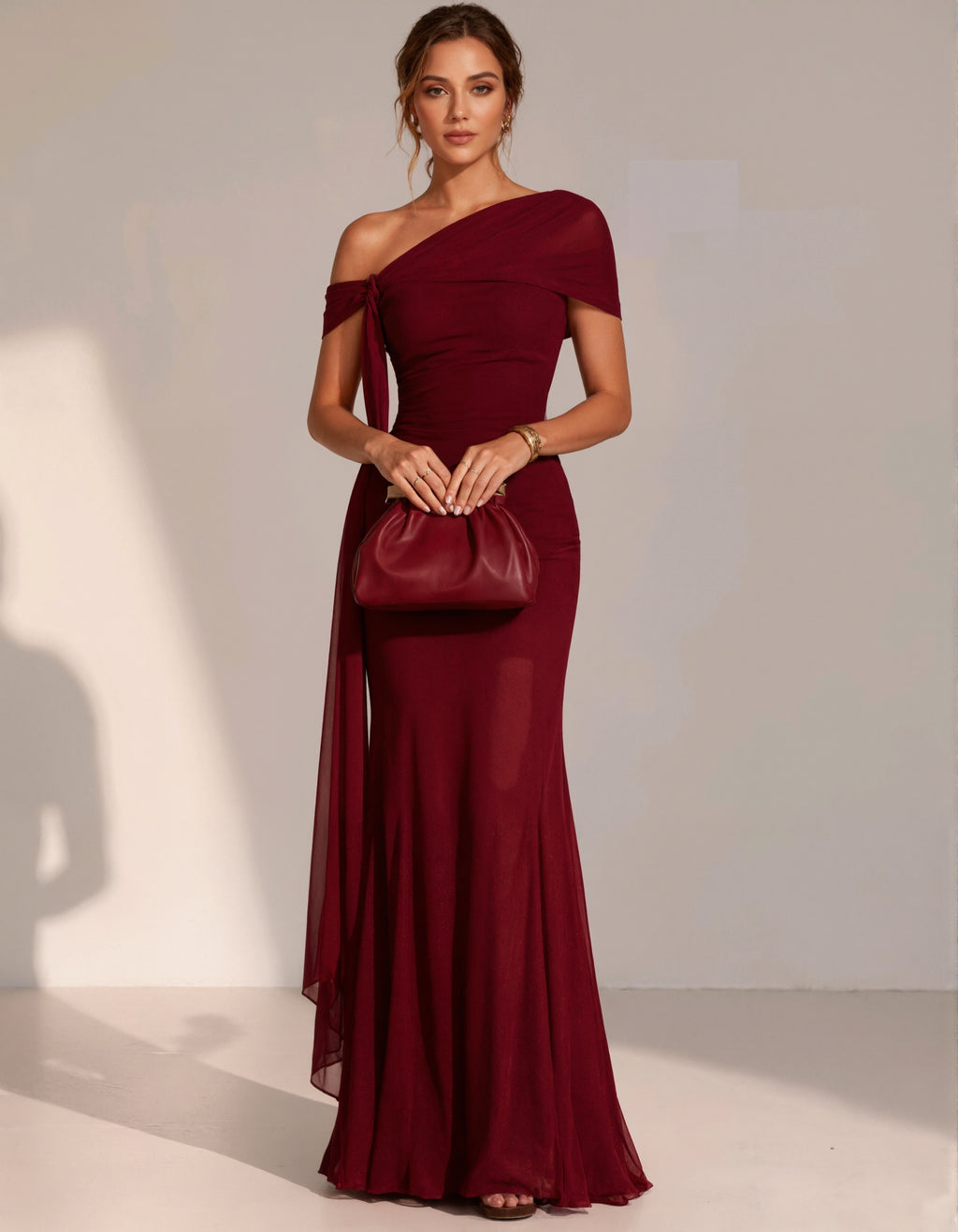 Burgundy Chiffon One Shoulder Short Sleeved Draped Maxi Dress