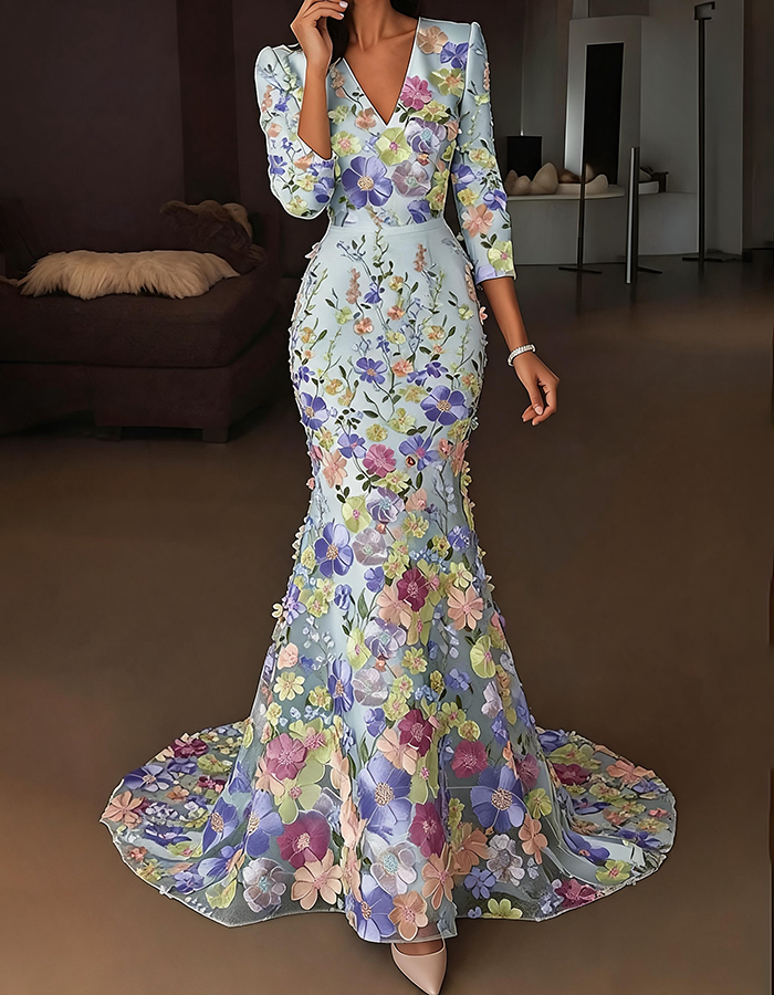 Light Blue V-Neck 3/4 Sleeve 3D Floral Applique Mesh Mermaid Maxi Dress