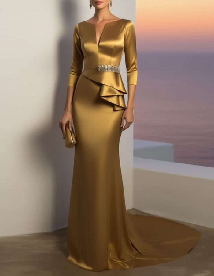 Robe longue en satin doré à col en V et manches trois-quarts  