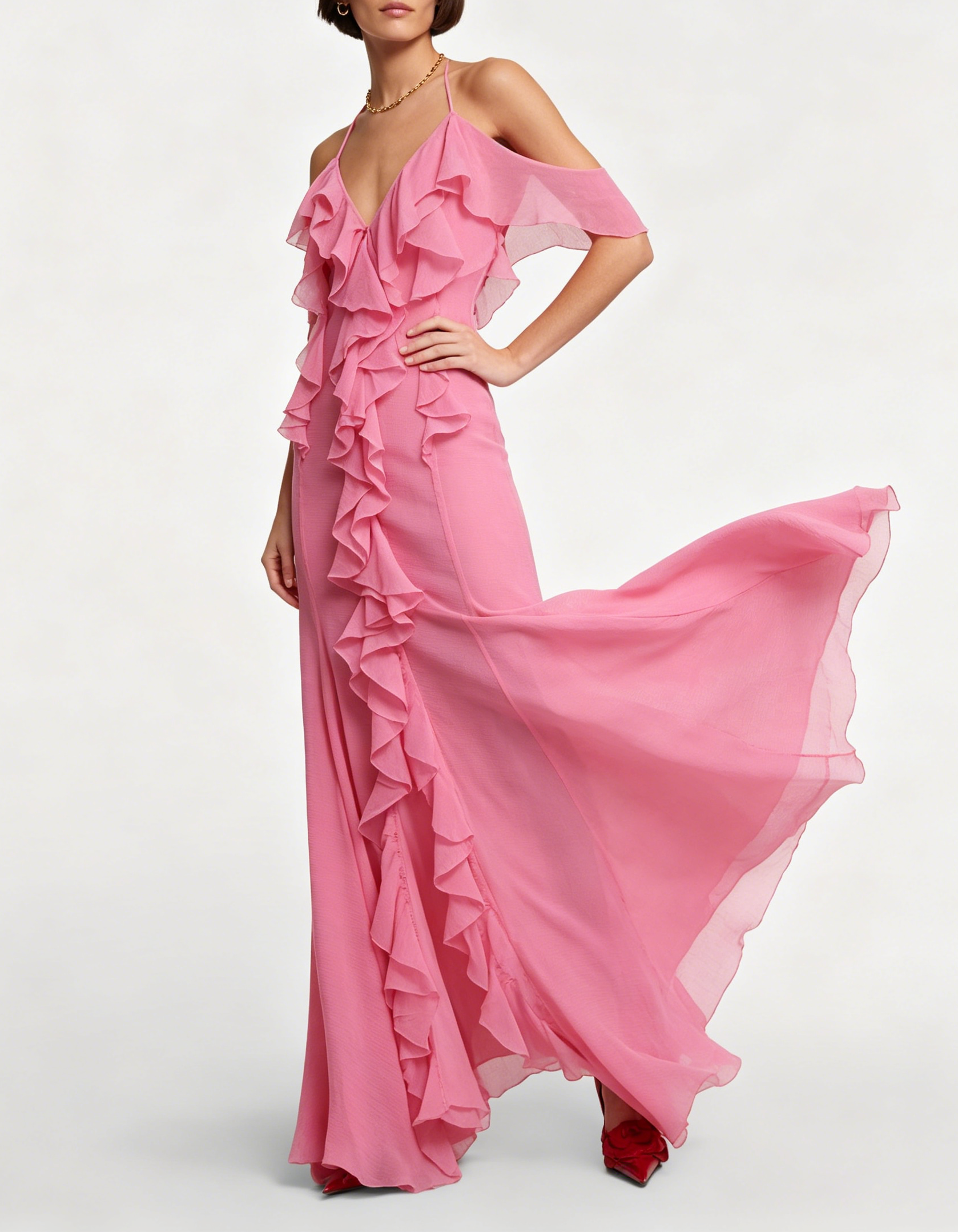 Pink Halter Off-The-Shoulder Ruffle Chiffon Maxi Formal Dress