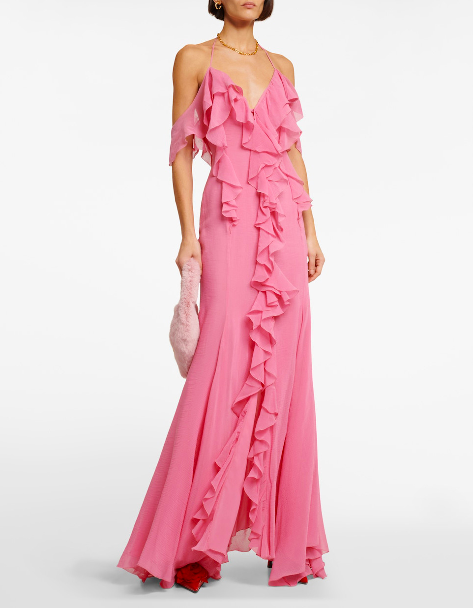 Pink Halter Off-The-Shoulder Ruffle Chiffon Maxi Formal Dress