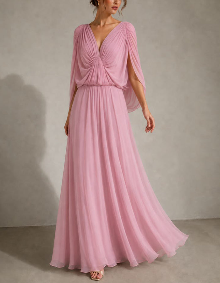 Rochie maxi roz din chiffon cu decolteu adânc în V și șal plisat