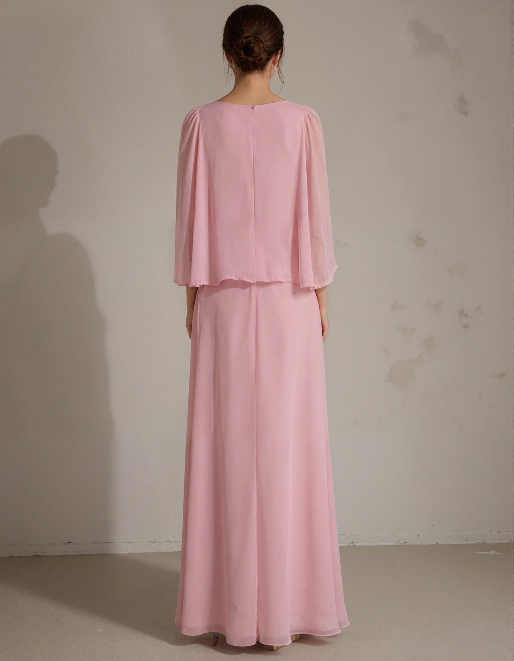 Pink Chiffon Deep V-Neck Pleated Shawl Maxi Dress