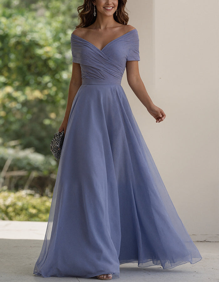 Blue Chiffon Off Shoulder Wrap Maxi Dress