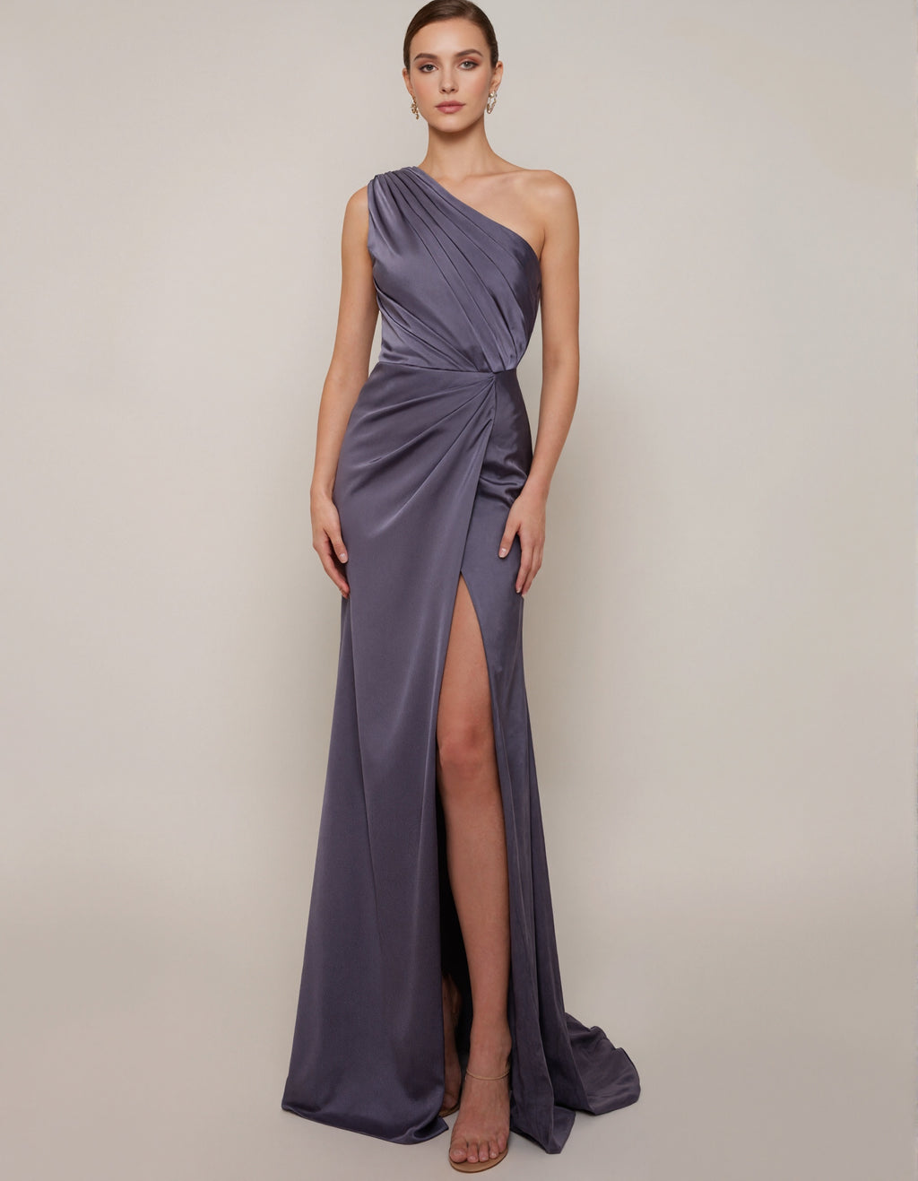 Gray Purple Satin One Shoulder Maxi Dress