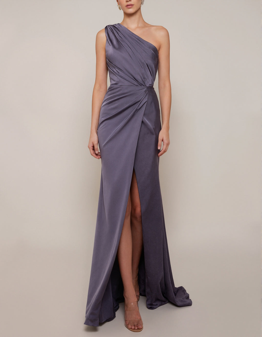 Gray Purple Satin One Shoulder Maxi Dress