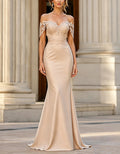 Champagne Colored Satin Off Shoulder Lace Short Sleeved Maxi Dress