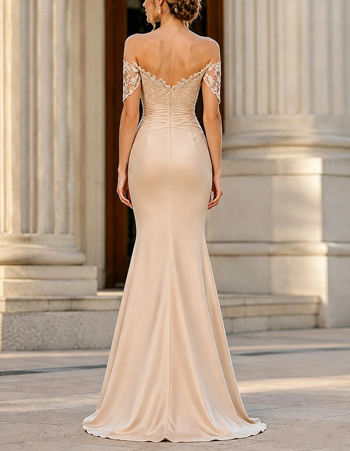 Champagne Colored Satin Off Shoulder Lace Short Sleeved Maxi Dress