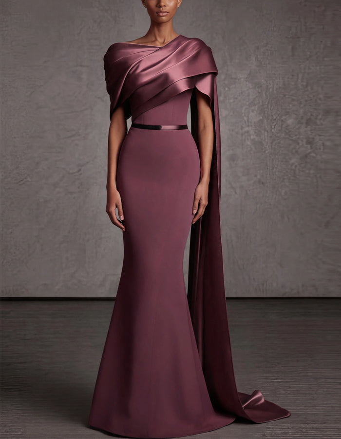 Reddish Brown Satin Asymmetrical Shawl Sleeves Maxi Dress