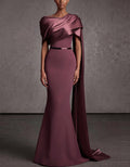 Reddish Brown Satin Asymmetrical Shawl Sleeves Maxi Dress