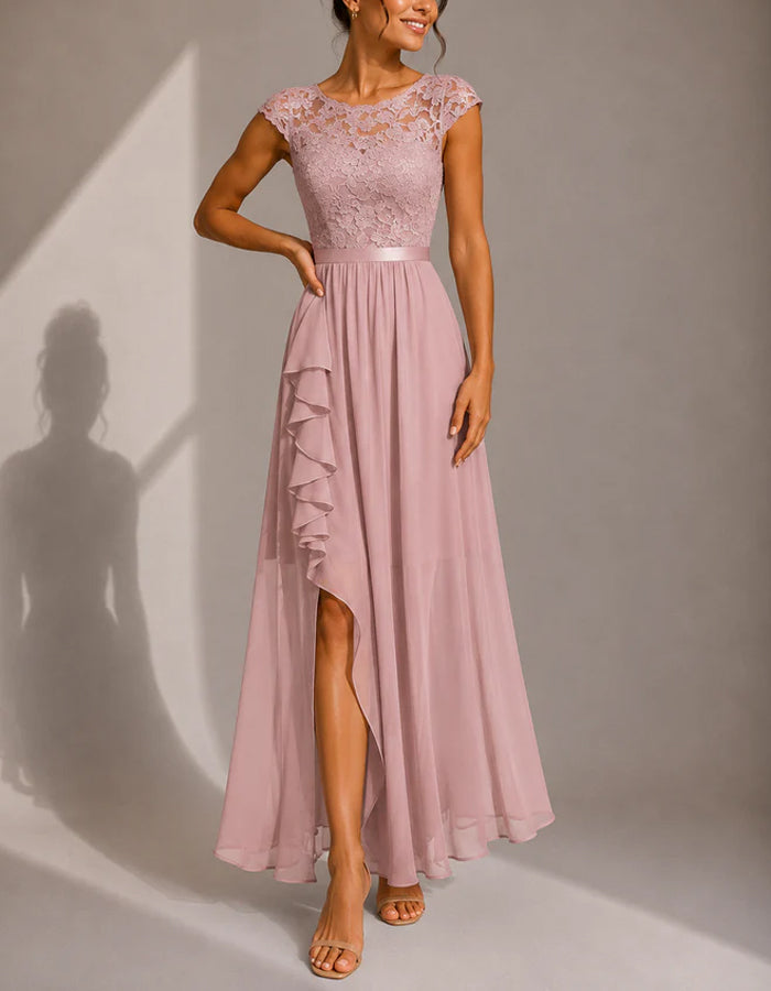 Solid Color Round Neck Chiffon Floral Lace Short Sleeved Maxi Dress