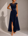 Solid Color Round Neck Chiffon Floral Lace Short Sleeved Maxi Dress