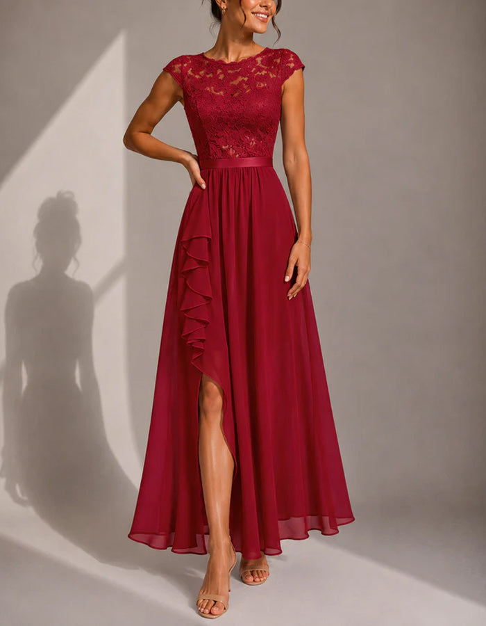 Solid Color Round Neck Chiffon Floral Lace Short Sleeved Maxi Dress