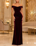 Burgundy Velvet Off Shoulder Style Maxi Dress